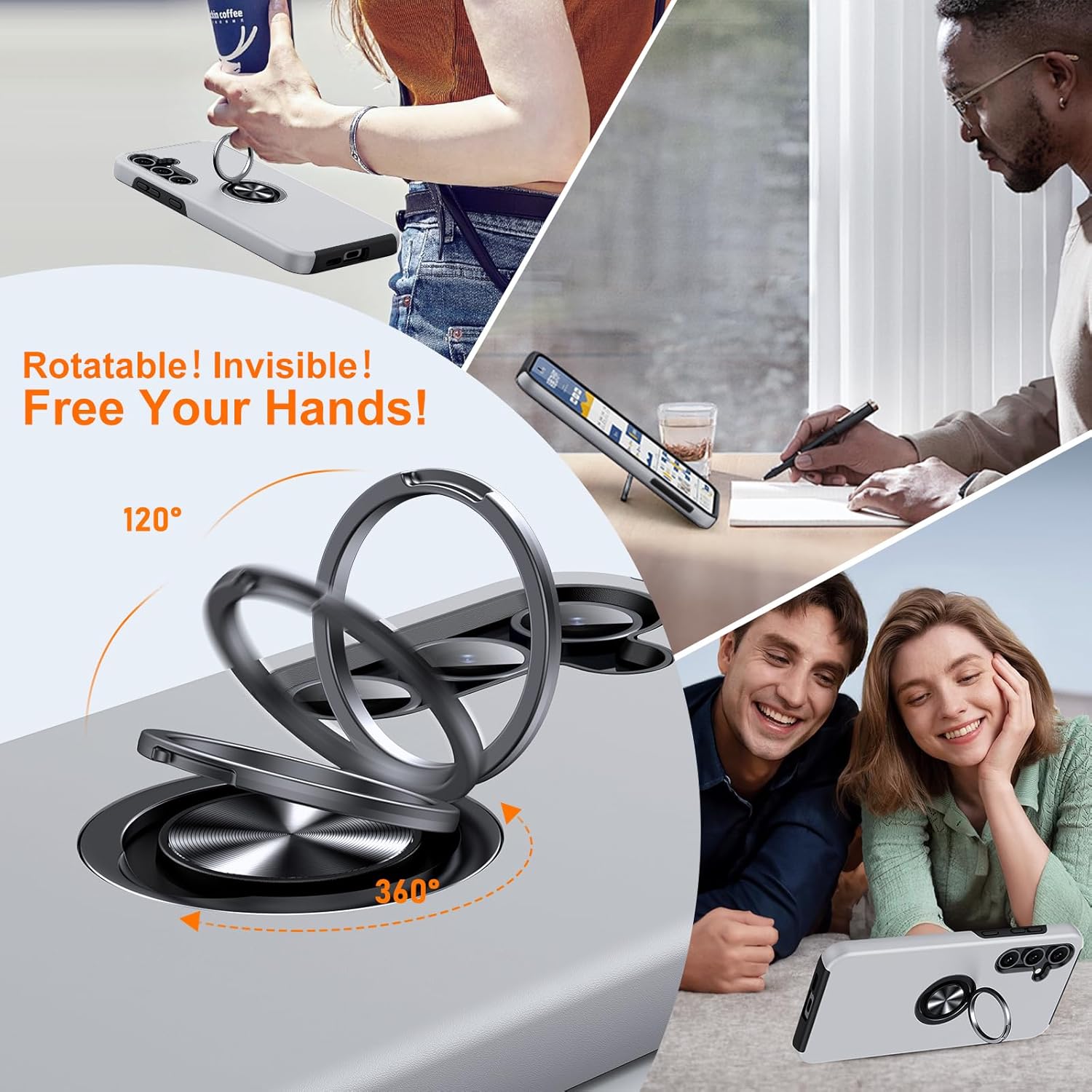 Detalle 2 de AOUIA 360° Rotating Ring Stand Case with 2 Screen Protectors for Samsung Galaxy A55 5G – Silver