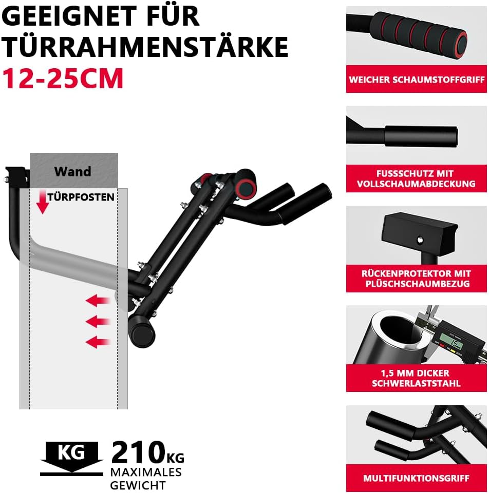 Detalle de ONETWOFIT Barra per trazioni da porta con manici antiscivolo, pieghevole, carico fino a 210 kg