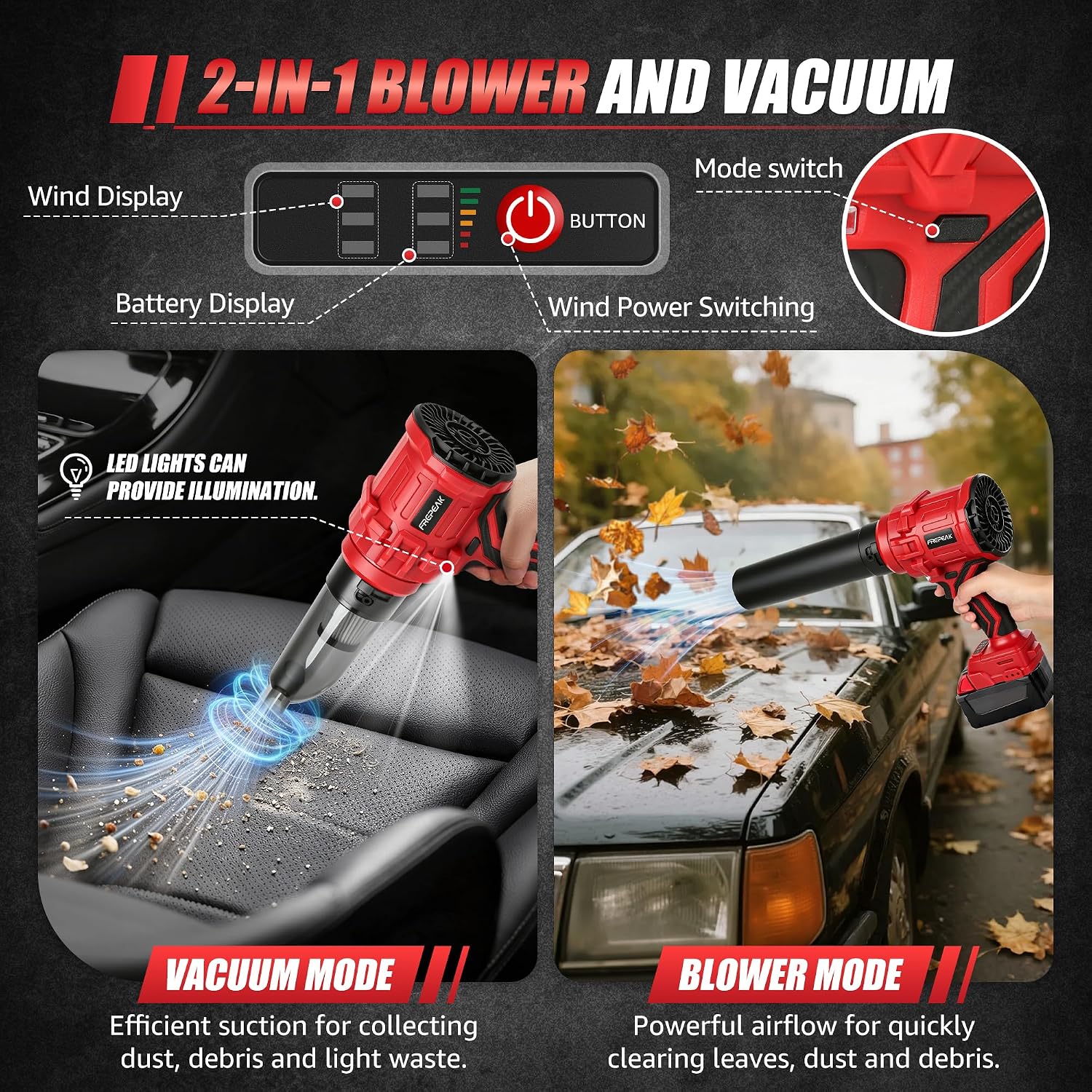 Detalle 1 de FREPEAK Frepeak-MWQ-01 Cordless Leaf Blower, 2-in-1, 720 CFM, LED Light