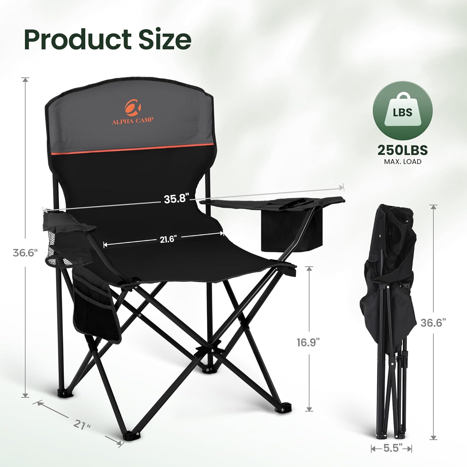 Thumbnail 2 de ALPHA CAMP Set of 2 Folding Camping Chairs with Built-in Cooler Bag – Lightweight, 120 kg Capacity