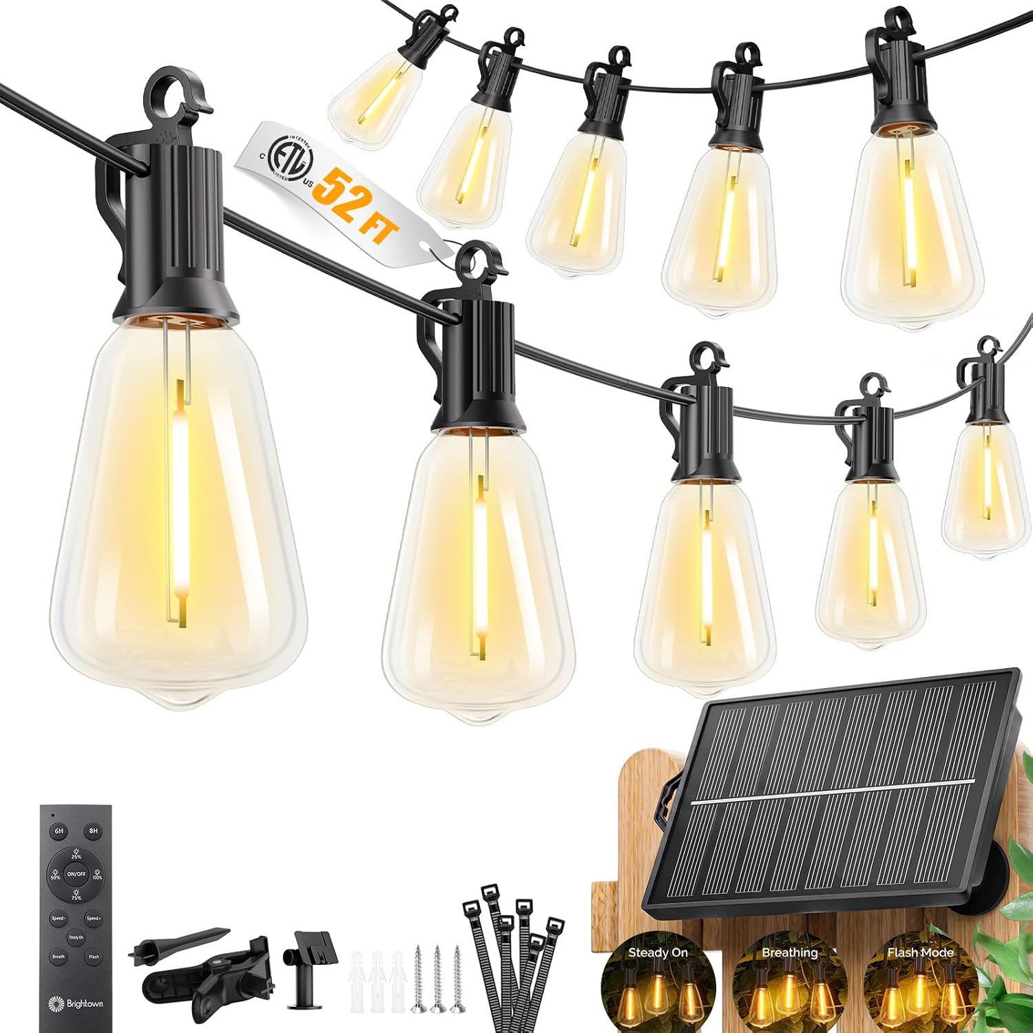 Detalle de Brightown 52FT Solar String Lights Outdoor Waterproof – 26Hrs Runtime