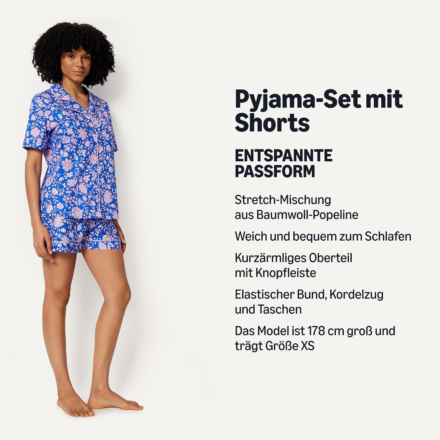 Detalle de Amazon Essentials Damen Schlafanzug aus Baumwoll-Stretch-Popeline – Kurzarm-Oberteil mit Shorts