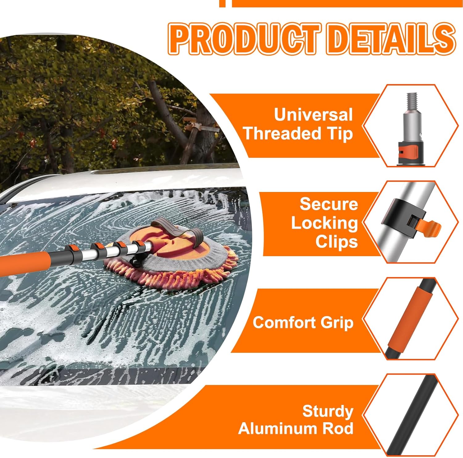 Detalle de LAANPOLE 3.6m Car Wash Brush Long Handle – Versatile Cleaning Kit for exterior and interior surfaces