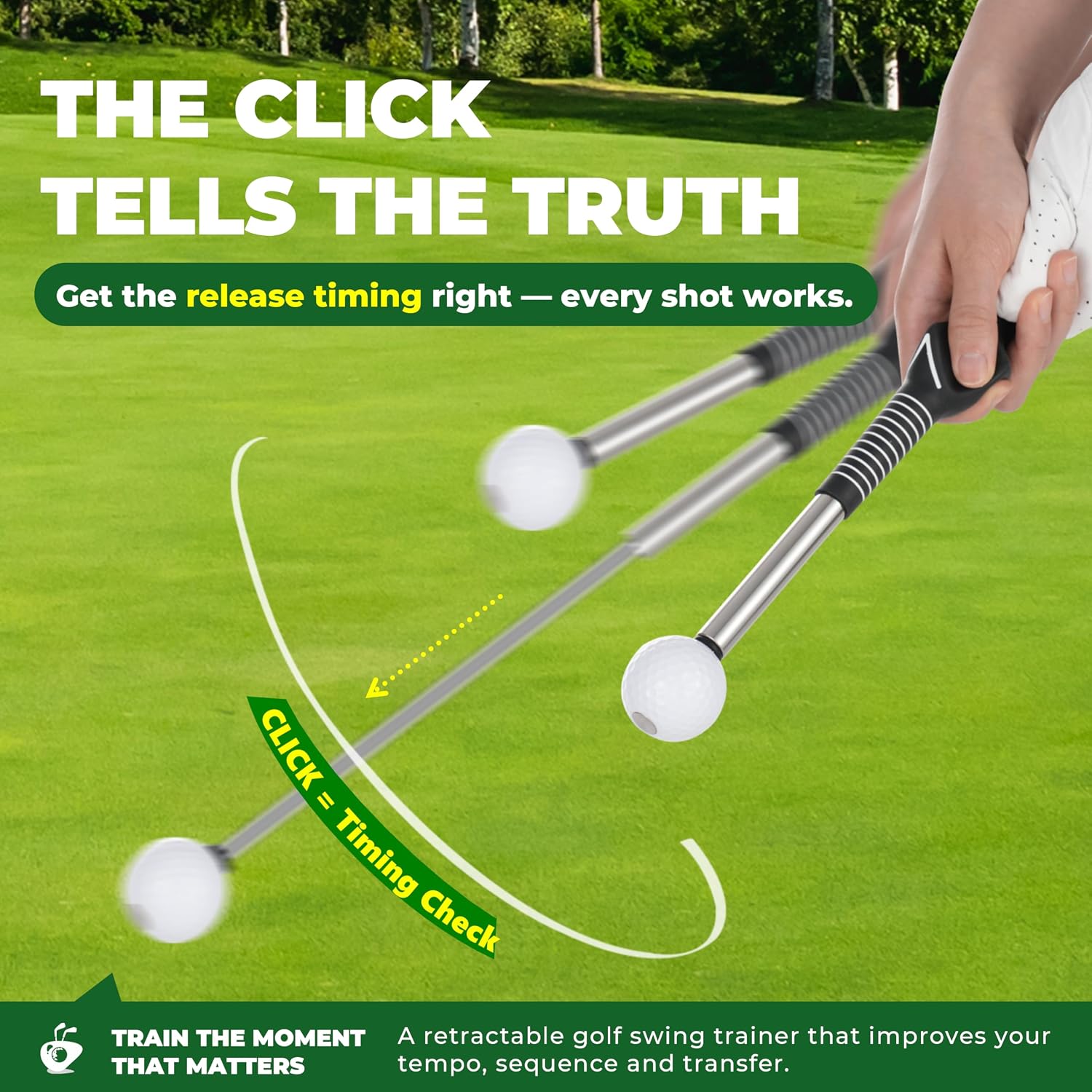 Detalle de 5-in-1 Retractable Golf Swing Trainer with Grip Trainer (Right/Left-Handed) — Instant Click Feedback