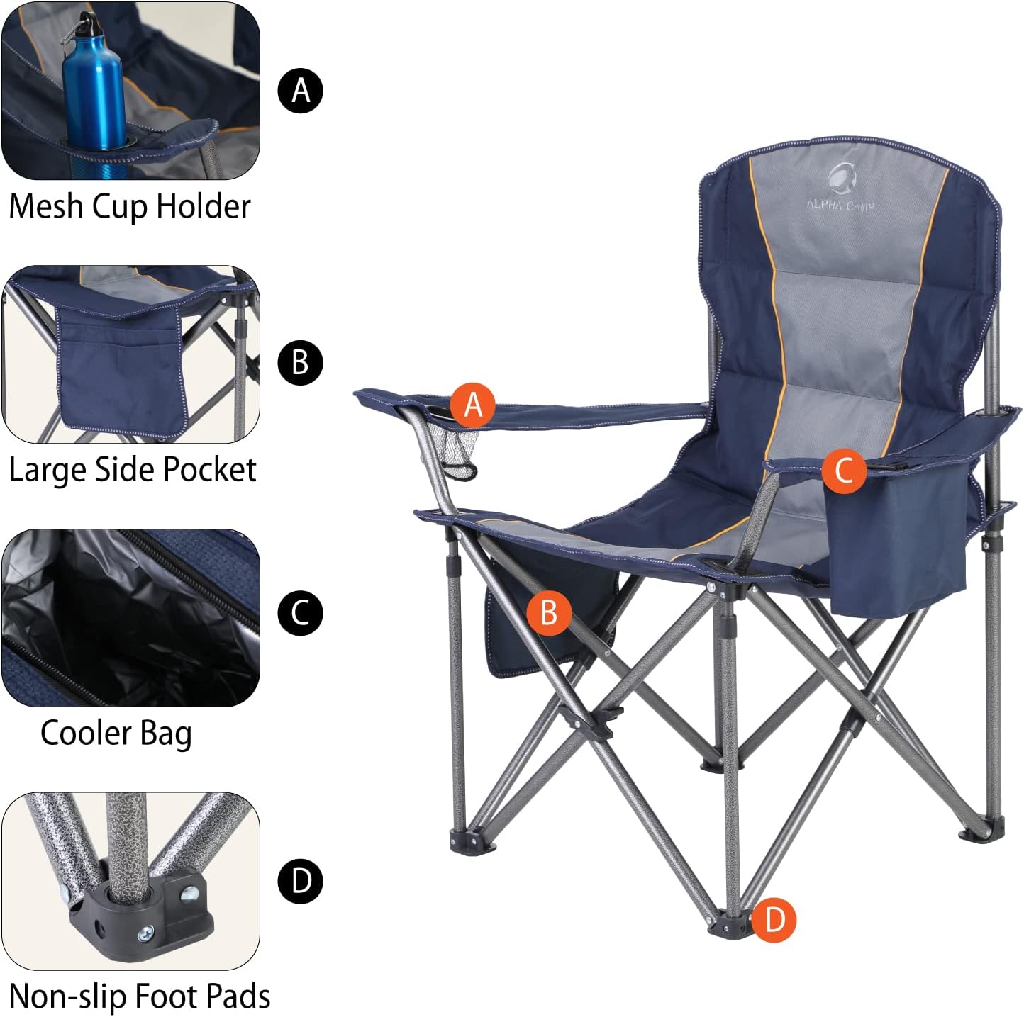 Thumbnail 5 de ALPHA CAMP Oversized Folding Camping Chair (Heavy Duty, 450 LBS) with Cooler Bag, Side Pocket & Cup Holder