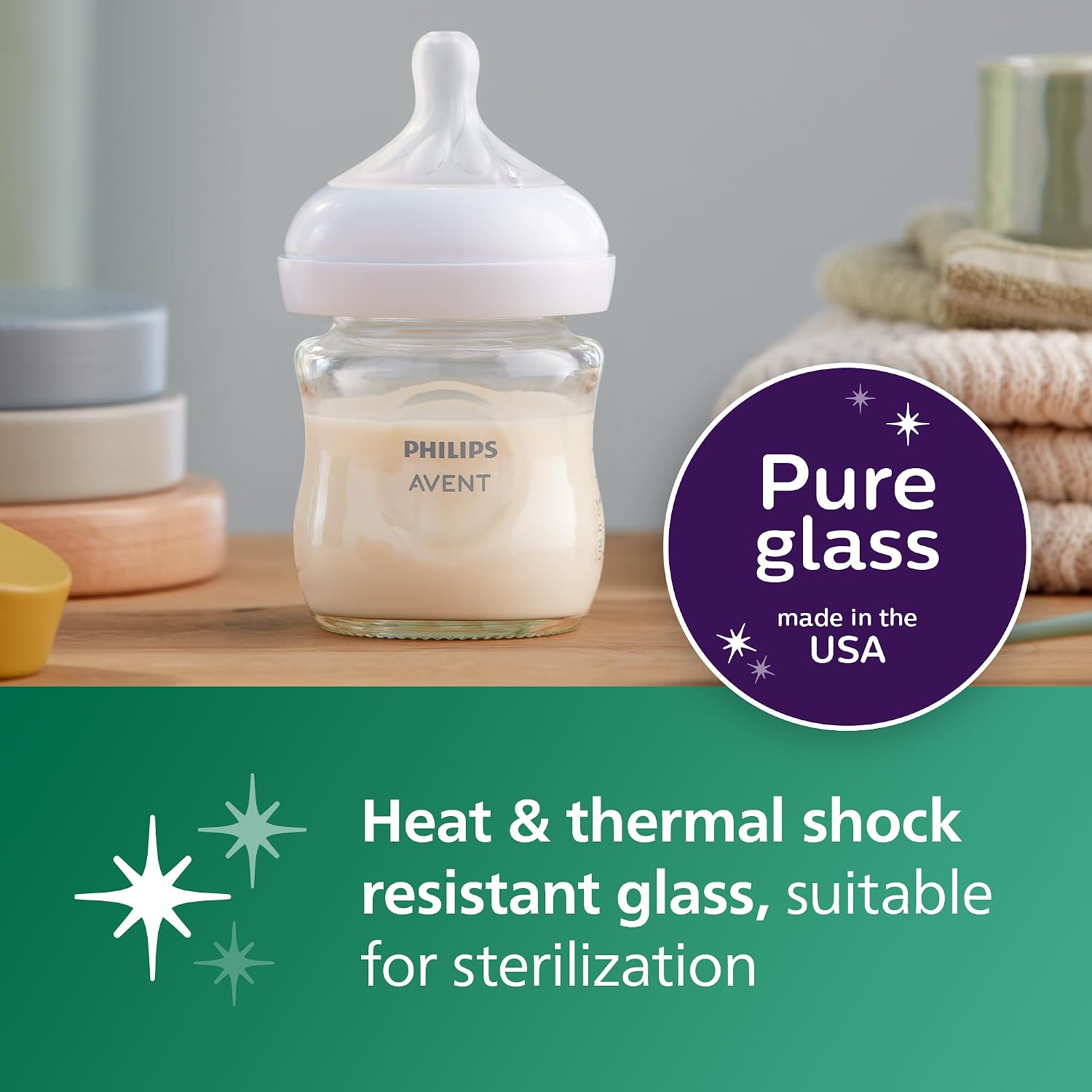 Detalle de Philips Avent SCY910/01 ナチュラルガラス哺乳瓶 4oz、Flow 2乳首・ホウケイ酸ガラス製