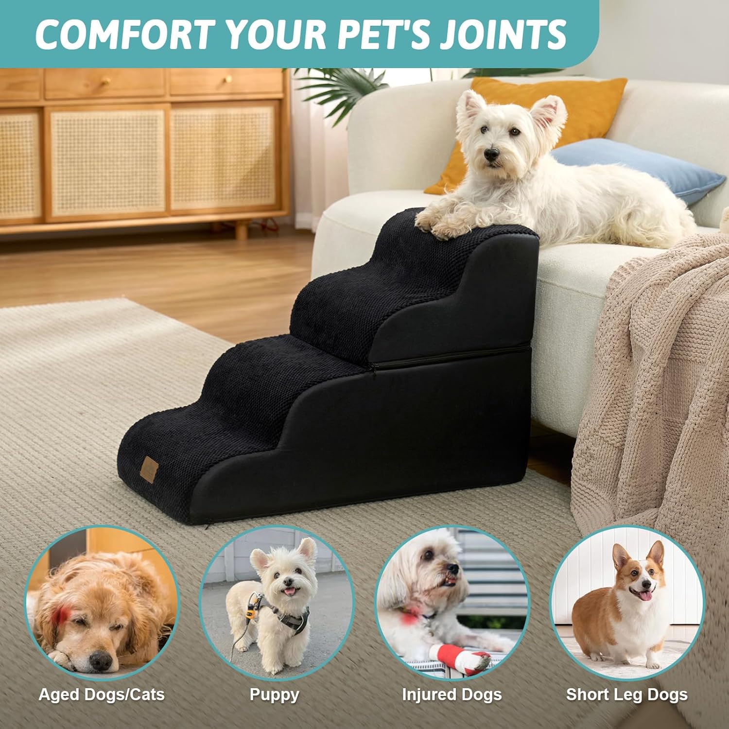 Thumbnail 4 de COZY KISS Dog Stairs for Small Dogs — 19.7" High, Detachable Ramp with High-Density Foam