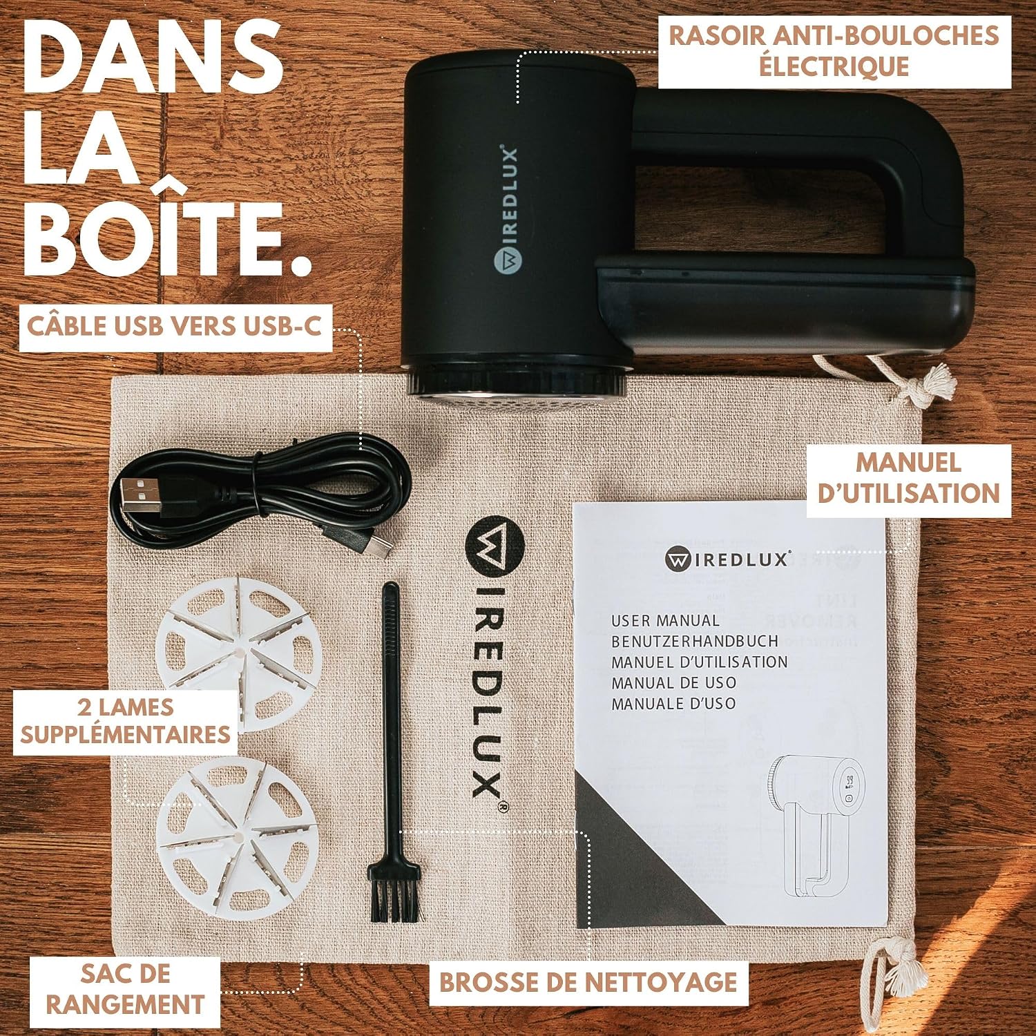 Detalle de WiredLux FS-9955A pluizenscheerapparaat met 3 snelheden en USB-C
