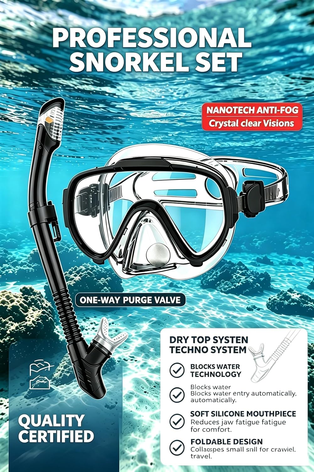 Detalle 2 de Arlierss Schnorchelset Erwachsene – Trocken-Schnorchel, Maske mit Anti-Beschlag, 180° Panorama