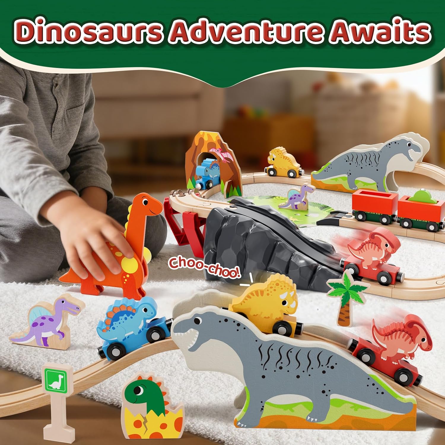 Detalle de Lehoo Castle Wooden Train Set with Dinosaur Track - A versatile, kid-friendly railway adventure
