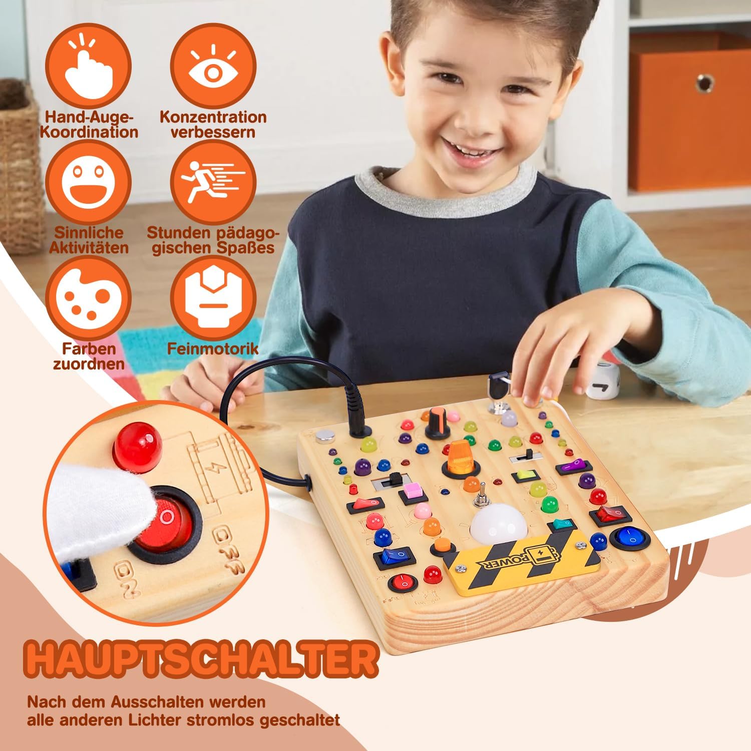 Thumbnail 4 de Montessori Busy Board aus Holz ab 1 Jahr mit 19 Schaltern und 40 LED-Leuchten (Activity Board)