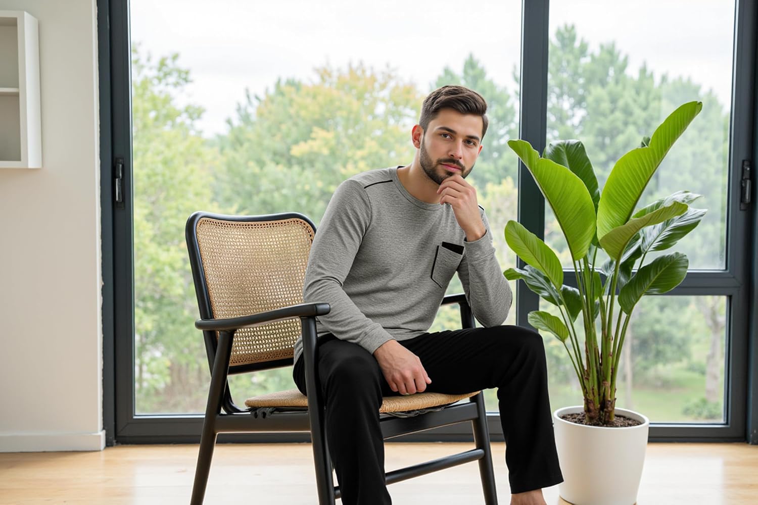 Detalle 2 de Uniexcosm Pyjama Homme Hiver en Coton – Ensemble deux pièces avec poches et taille ajustable