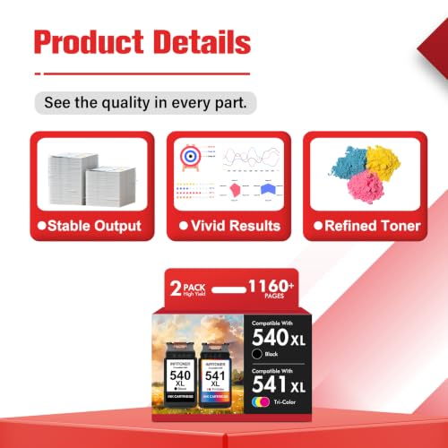 Detalle de INFITONER 540XL/541XL Multipack PG-540 CL-541 – Kompatible Canon Druckerpatronen (Schwarz/More Color) für Pixma TS/MG/MX Serie