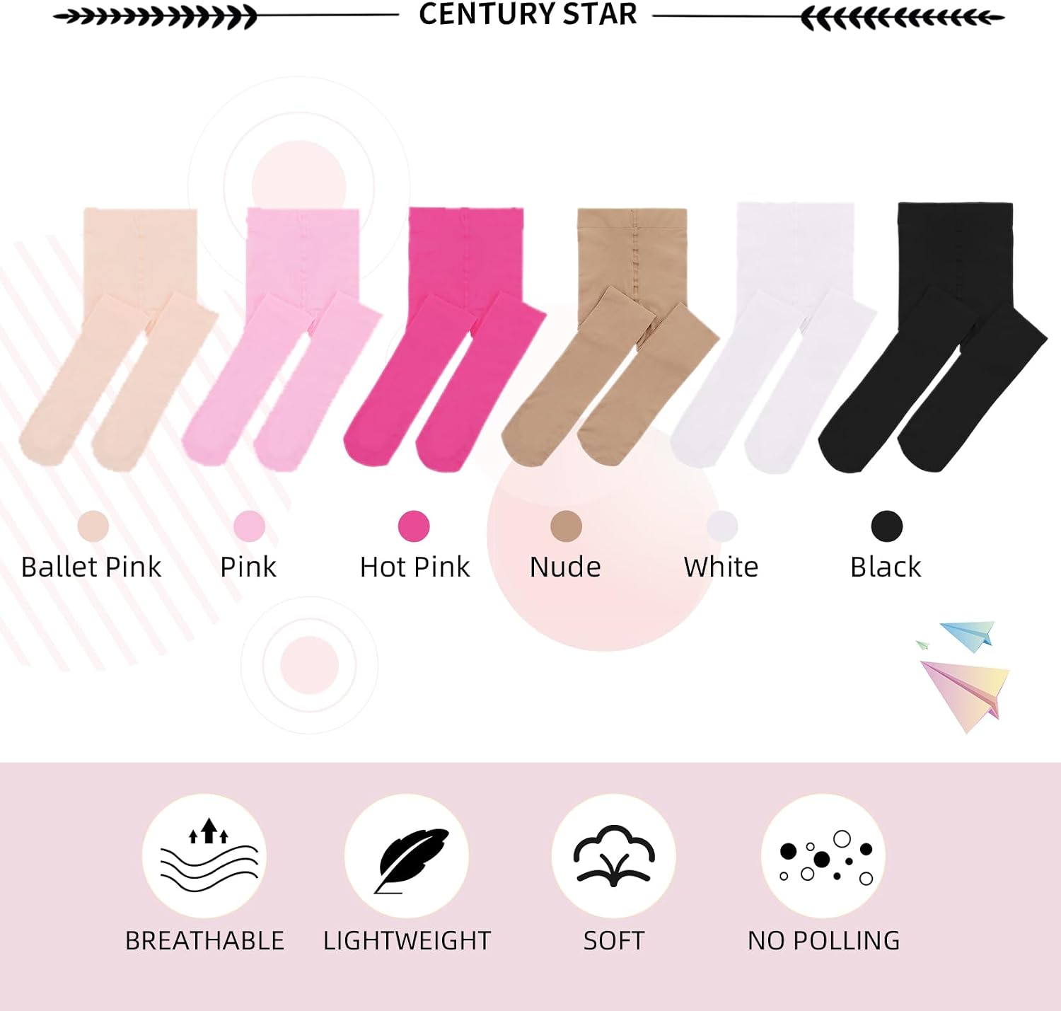 Detalle de Century Star 3-Pack Girls’ Ballet Tights with Soft Stretch and Grip Sole