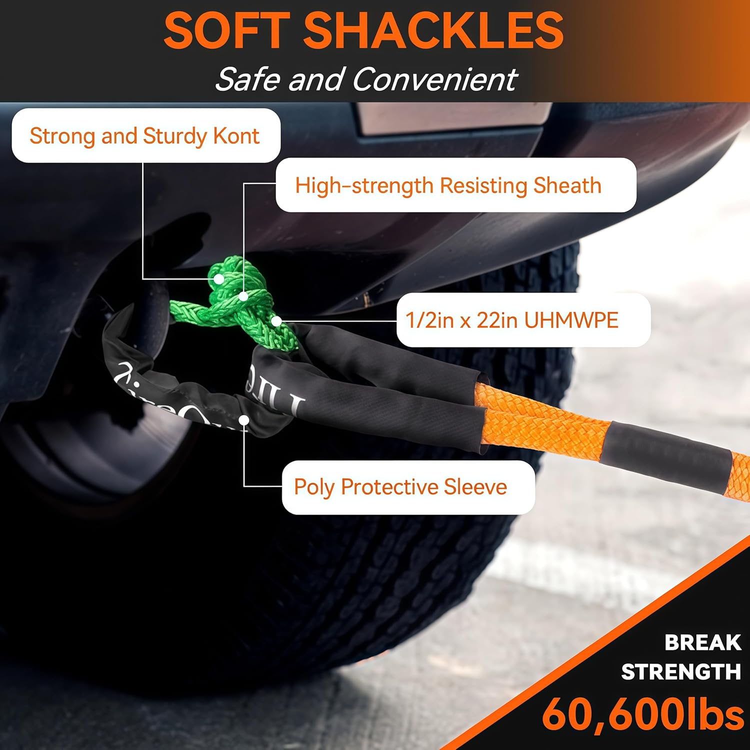 Thumbnail 4 de Kinetic Recovery Rope (1" x 30ft, 48,500 lbs) with 2 Soft Shackles — Offroad Tow Kit for Trucks, SUVs, UTVs, ATVs, and Tractors