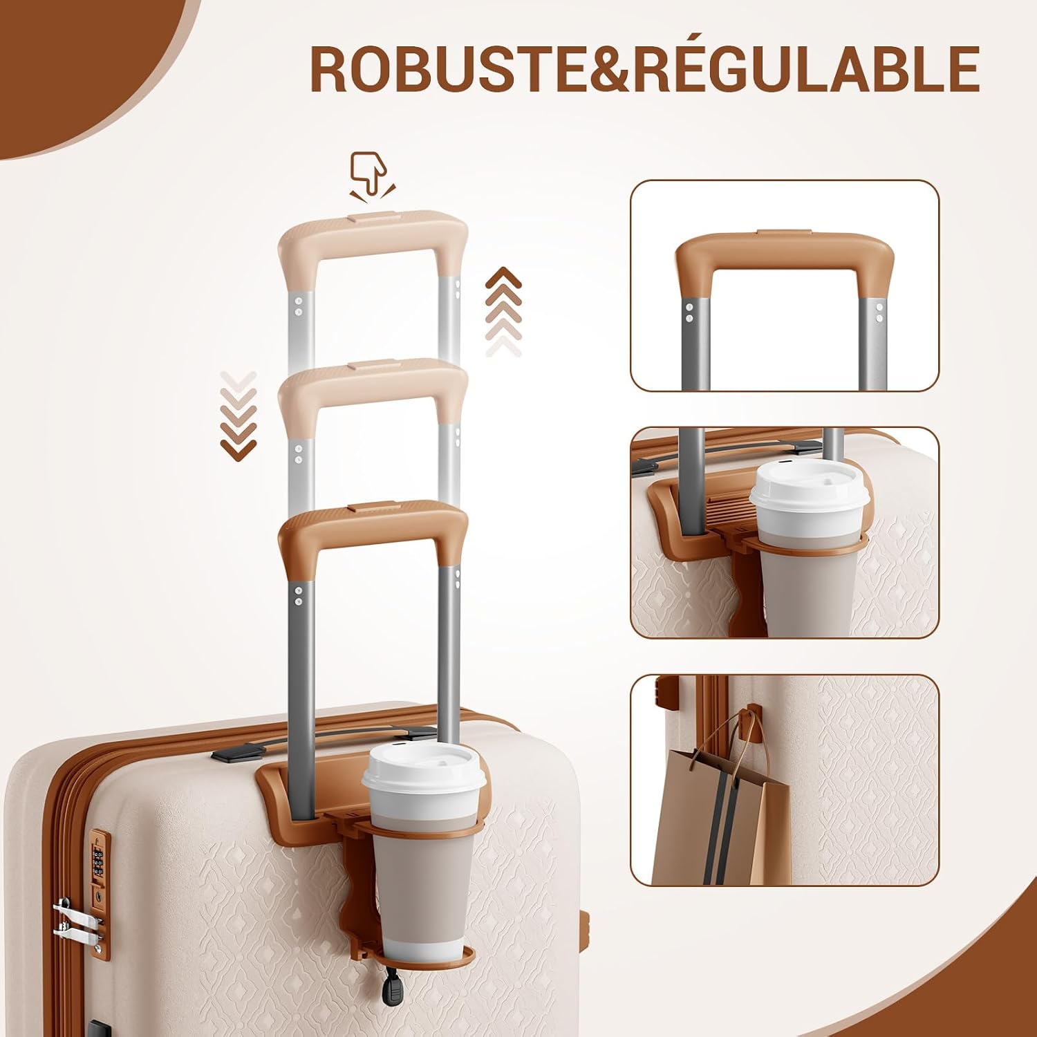 Detalle de Kono valise cabine extensible rigide en polypropylène avec 4 roulettes et serrure TSA (crème/marron)