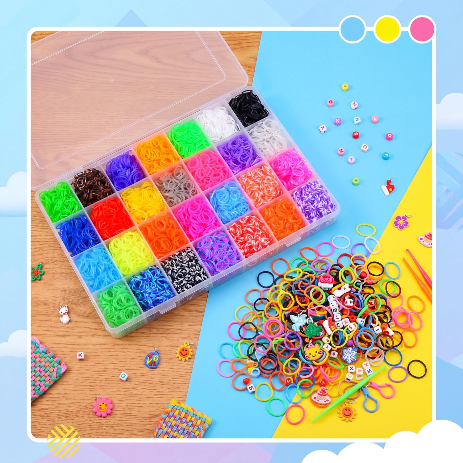 Detalle de JIYAKO 11000+ Rubber Band Bracelet Kit (28 Colors) with Loom, Clips, Beads, Charms & Storage Case