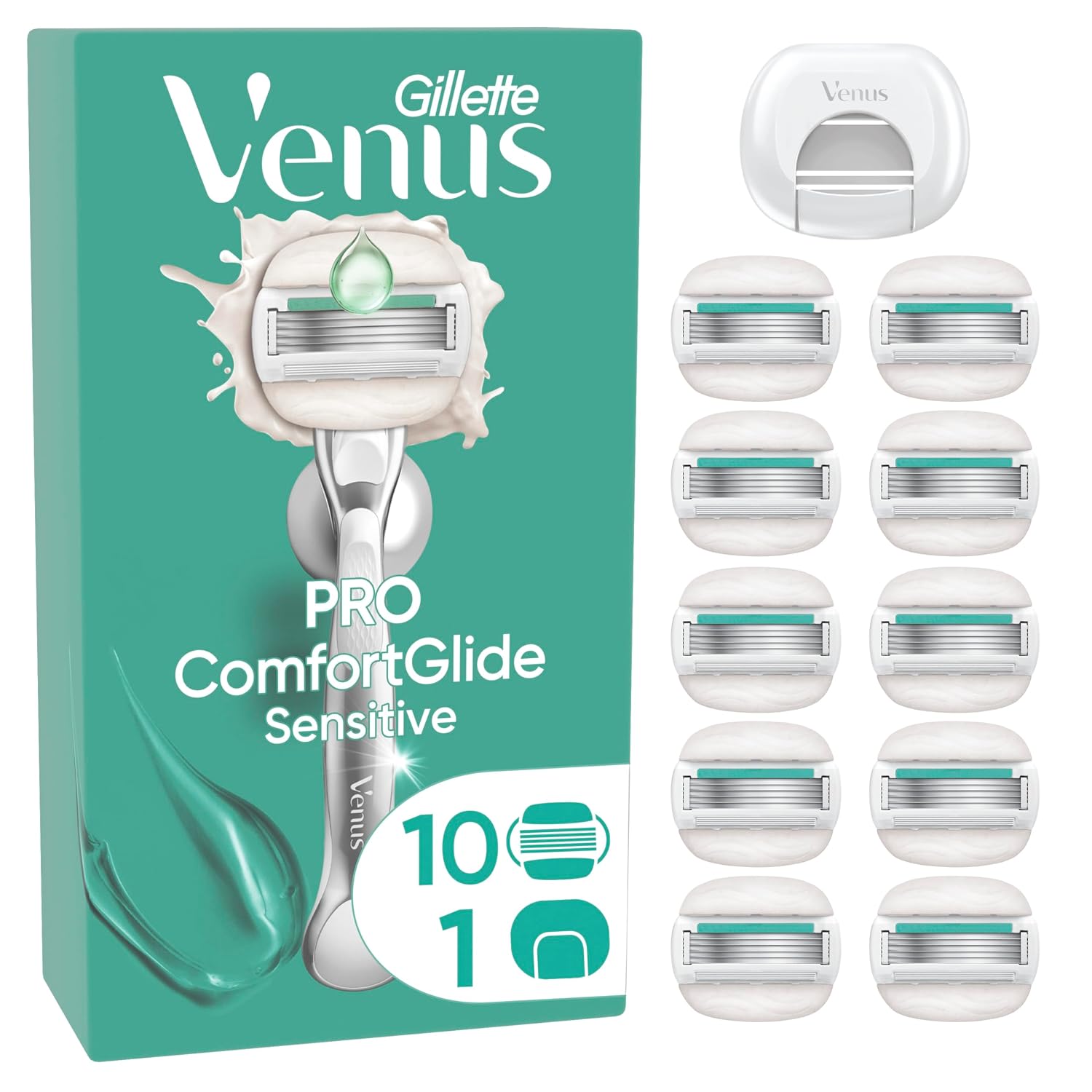 Detalle de Gillette Venus Pro ComfortGlide Sensitive Rasierklingen Damen – 10 Original Ersatzklingen + Ein Hauch Aloe Vera