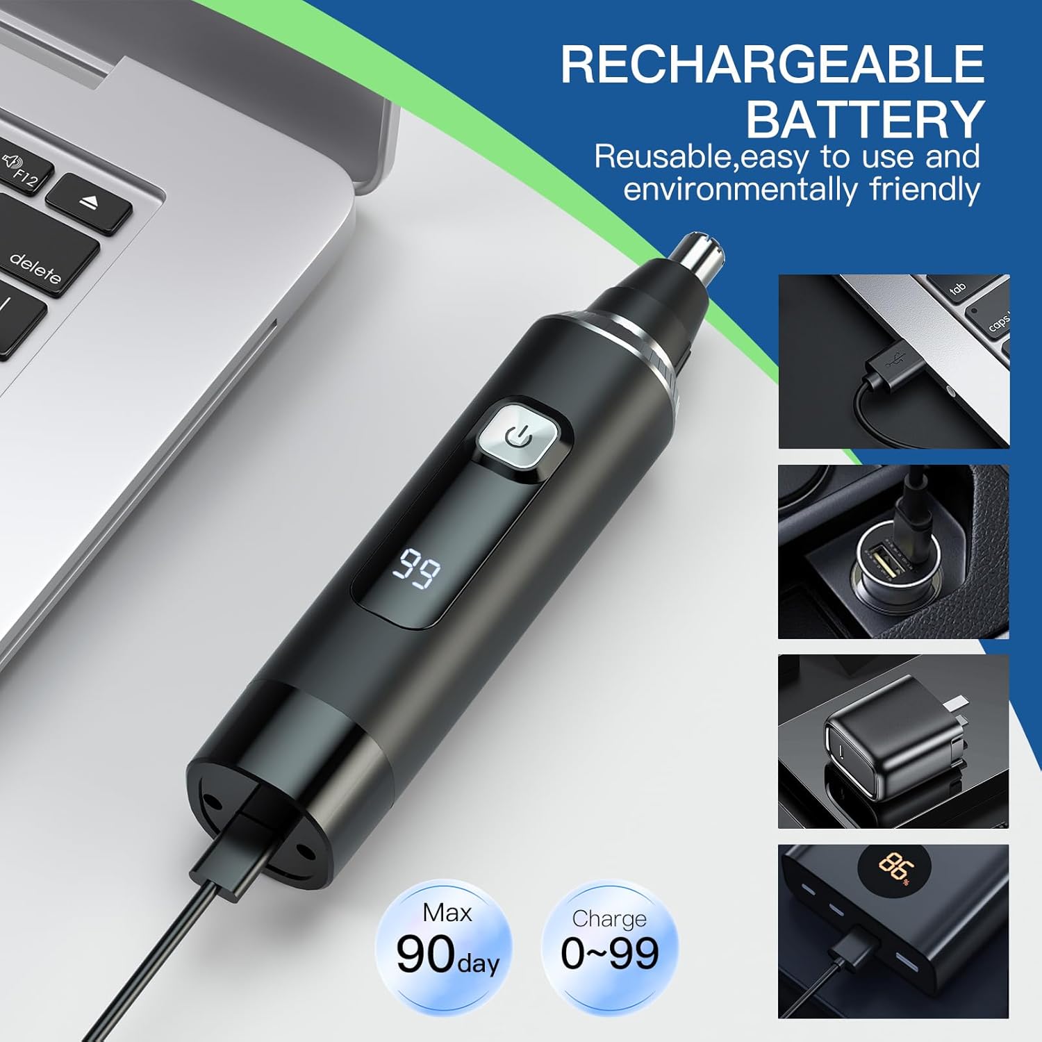 Detalle de Ginity 2-in-1 Nose & Ear Hair Trimmer for Men — Rechargeable, IPX7 Waterproof, with LED Display