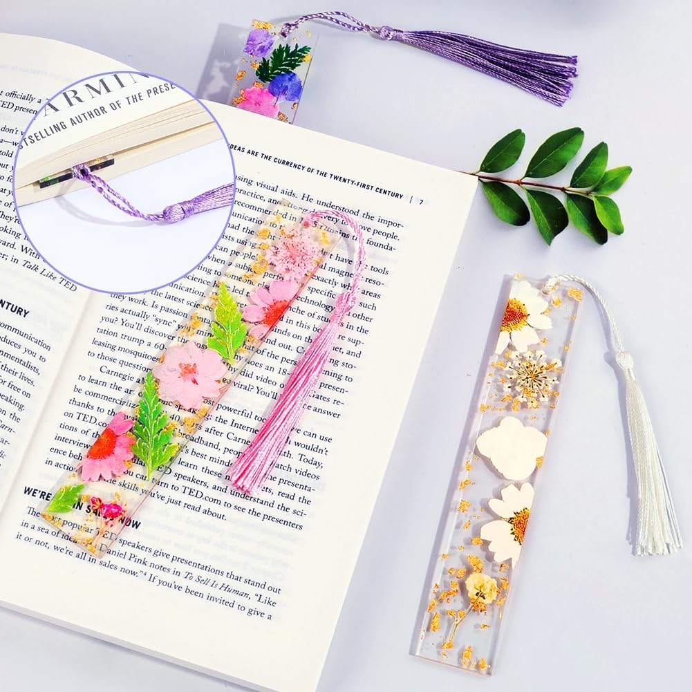 Thumbnail 3 de AUAUY bokmärken i harts, 3-pack med transparent blommotiv och tofsar
