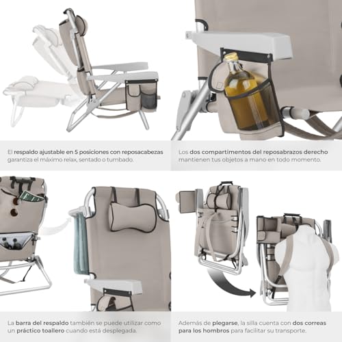 Thumbnail 5 de tectake Silla Playa Plegable con Respaldo Ajustable y Función Mochila – 2 Unidades Beige