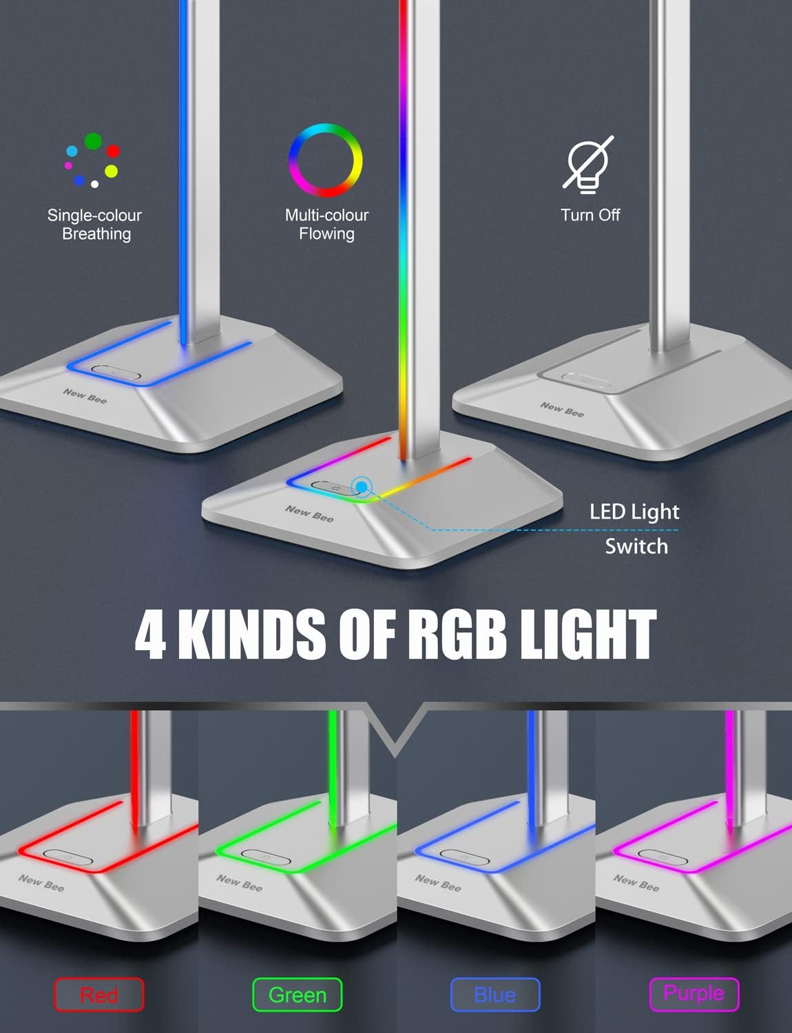 Detalle 2 de New Bee Kopfhörer Ständer RGB mit USB‑C Ladefunktion