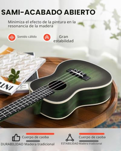 Detalle de Donner Ukelele Concierto 23'' DUC-200G Caoba Verde: kit completo para iniciación y uso avanzado