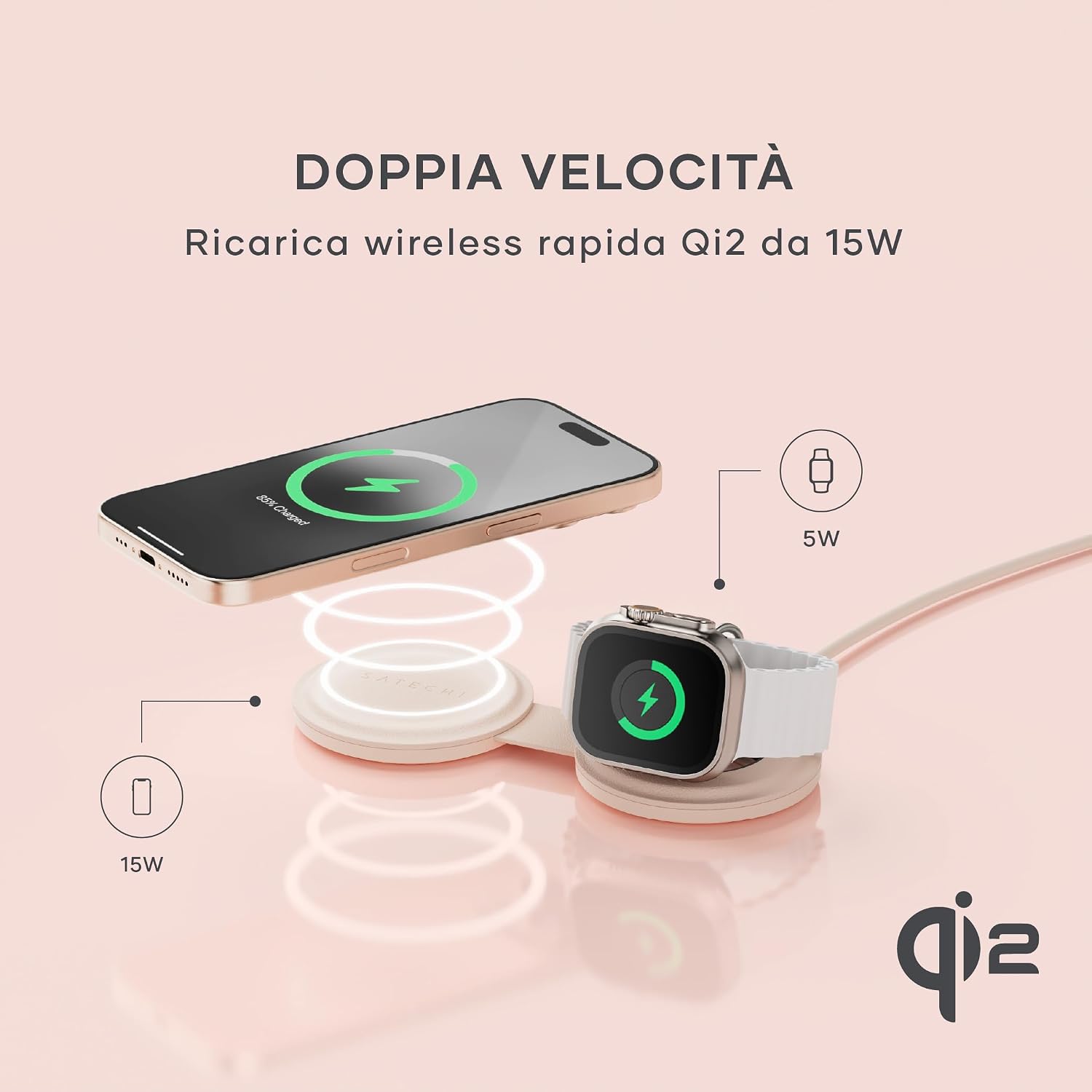 Detalle de SATECHI OntheGo 2-in-1 Caricatore Wireless Pieghevole: ricarica rapida Qi2 per iPhone e dispositivi Apple in viaggio