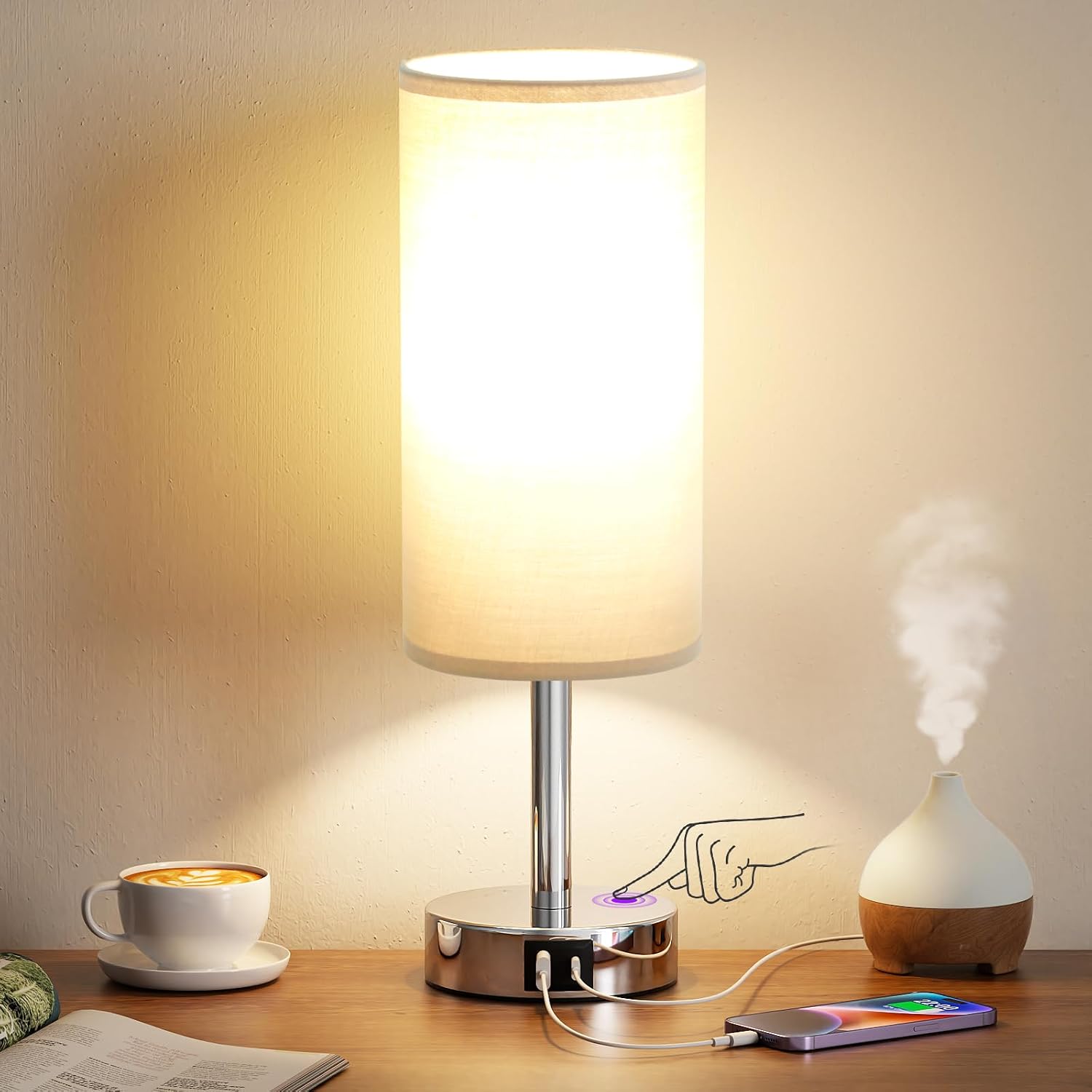 Detalle de Aooshine Bedside Lamp 2 USB, 3‑way touch control 🛋