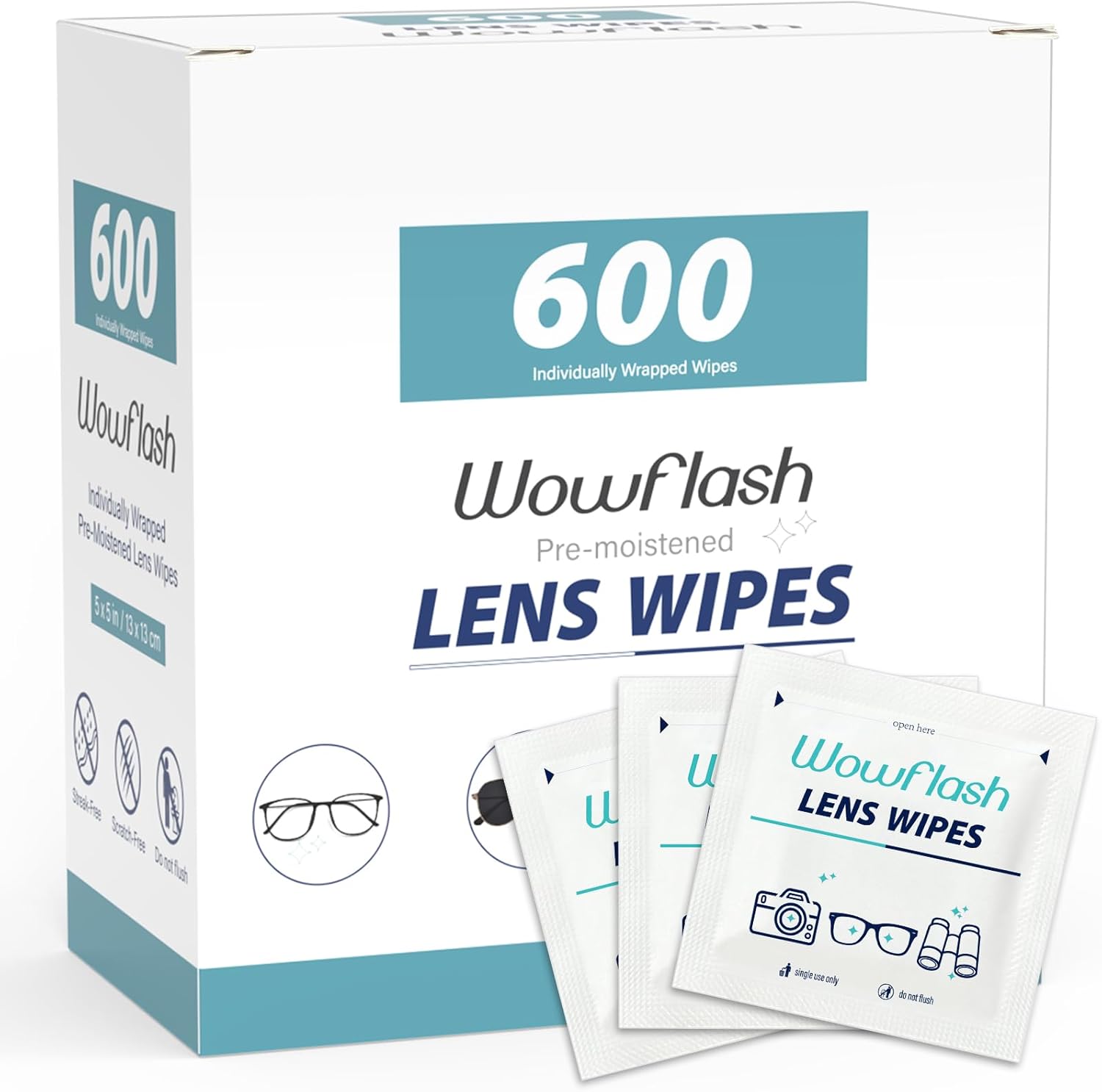Wowflash 600 Pre-Moistened Lens Cleaning Wipes (Individually Wrapped)