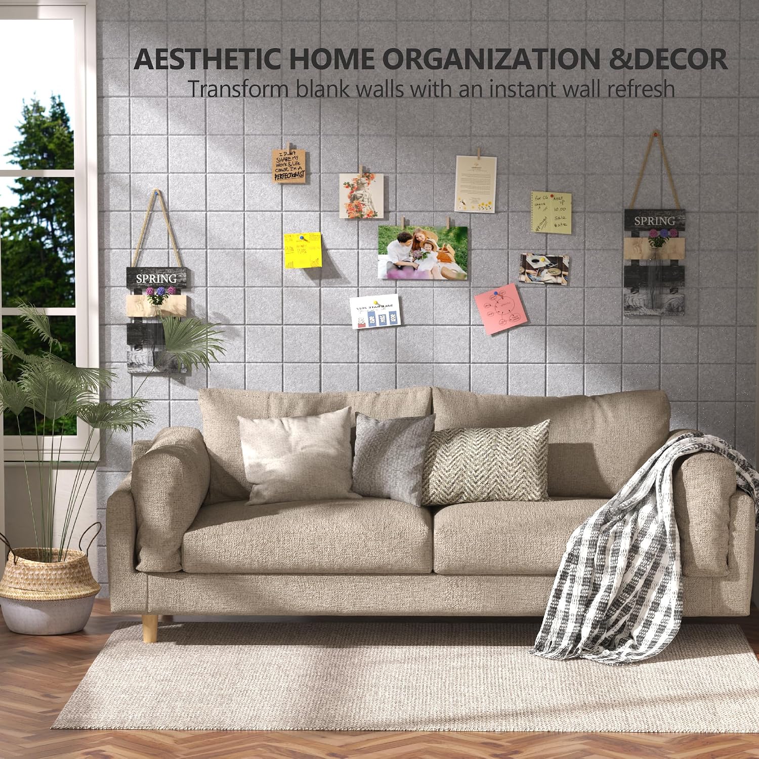 Detalle 1 de Uoisaiko Cork Wall Board 30 x 30 cm with 6 Adhesive Felt Panels and 30 Push Pins (Light Grey)