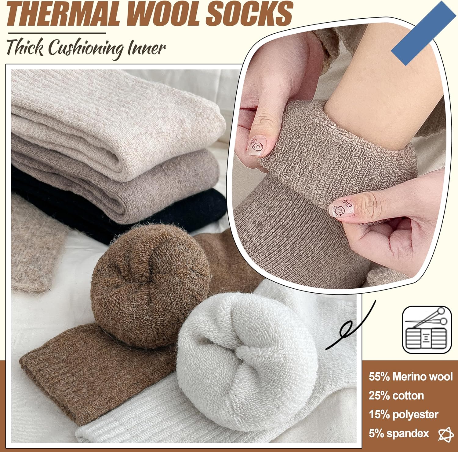 Thumbnail 4 de EBMORE Merino Wool Socks 5 Pairs — Thermal Crew