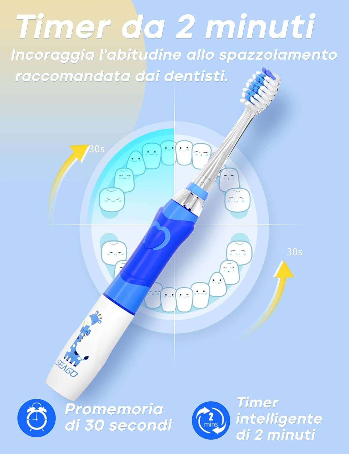 Thumbnail 3 de seago Seago Spazzolino Elettrico Bambini 3-12 anni SG-977 blu con 4 testine, LED e timer