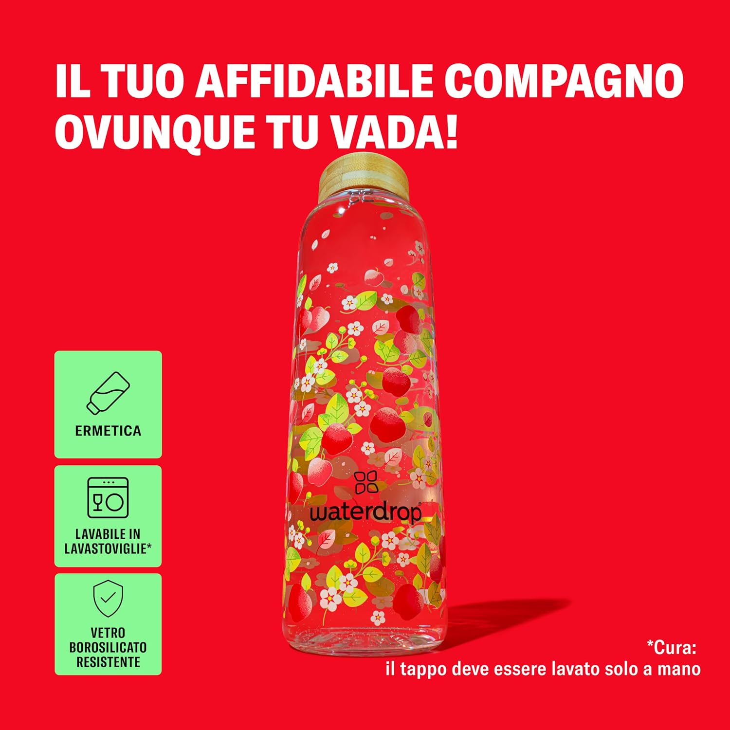 Detalle 2 de waterdrop Borraccia in Vetro 600ml – Tappo in Bambù e Custodia Neoprene, Antigoccia, Design Personalizzato