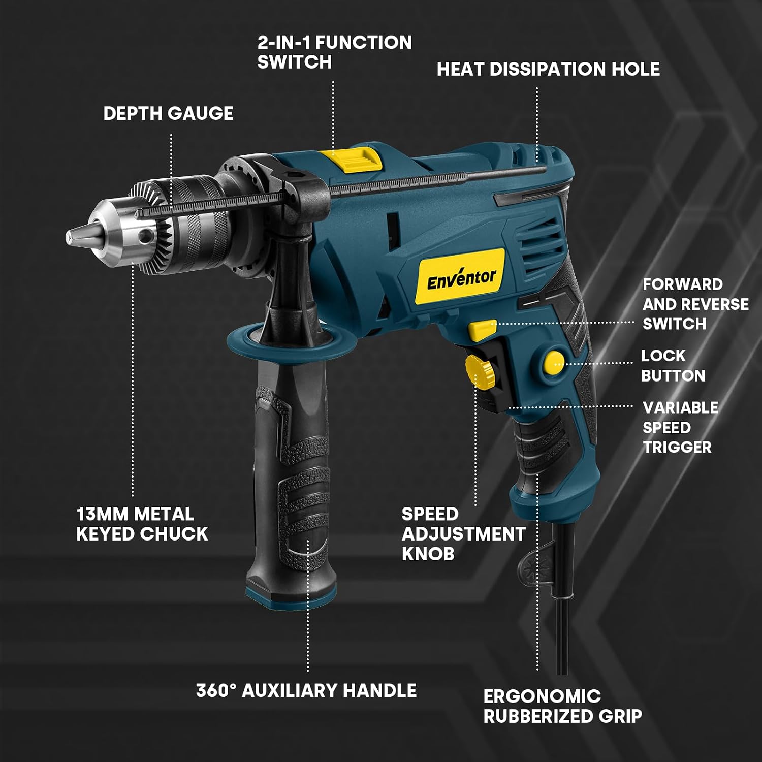 Detalle 2 de Enventor Hammer Drill 900W with 360° Handle and 36 Accessories