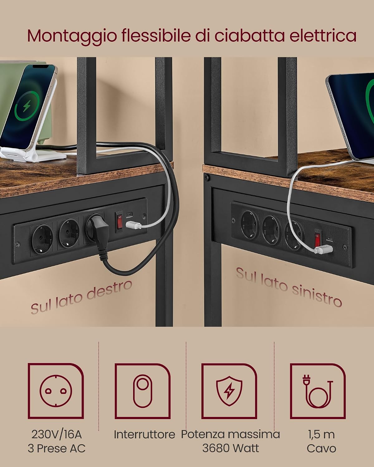 Detalle de VASAGLE Scaffale da cucina con LED KKS050KD01: microonde, multipresa e ripiani regolabili 40 x 80 x 168,4 cm