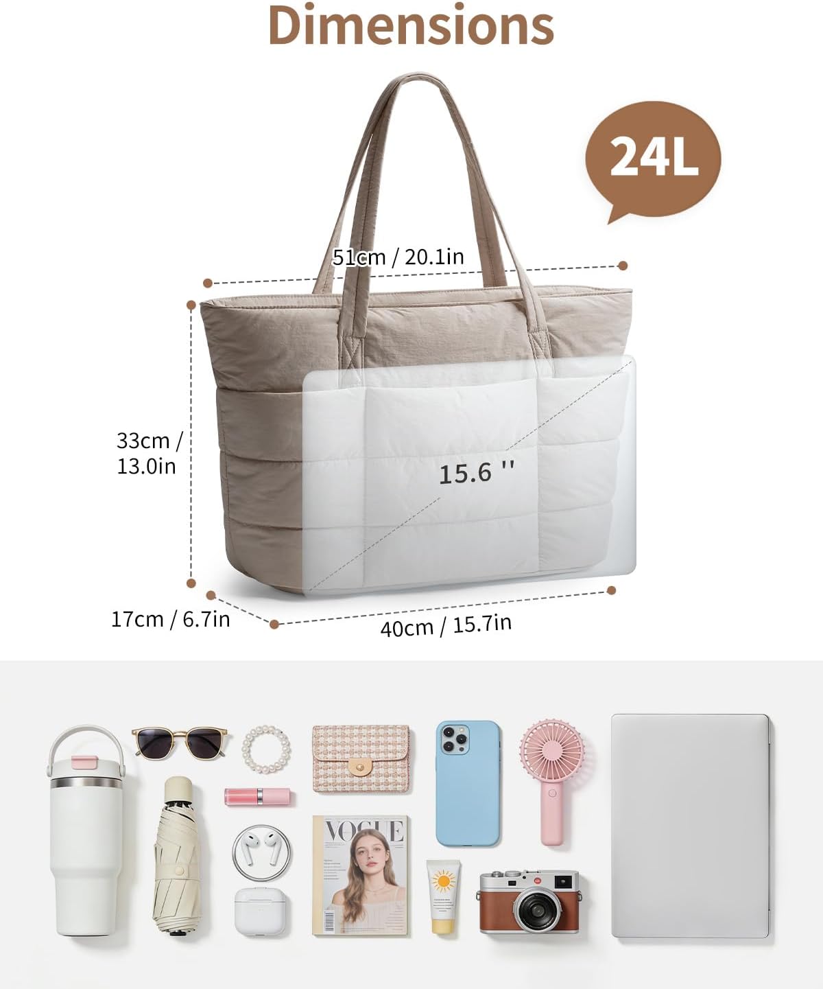 Thumbnail 4 de Narwey Quilted Puffer Tote Bag for Women with Cup Holder and Padded 15.6" Laptop Compartment