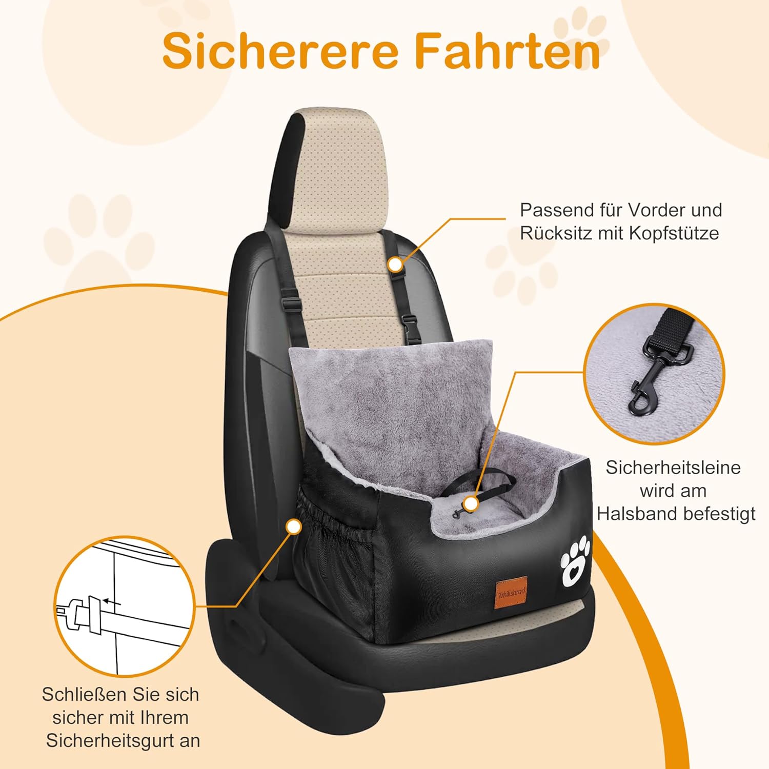 Thumbnail 6 de Trhillsbrad Siège auto pour chien 55 x 30 x 30 cm : lit amovible et lavable pour petits chiens