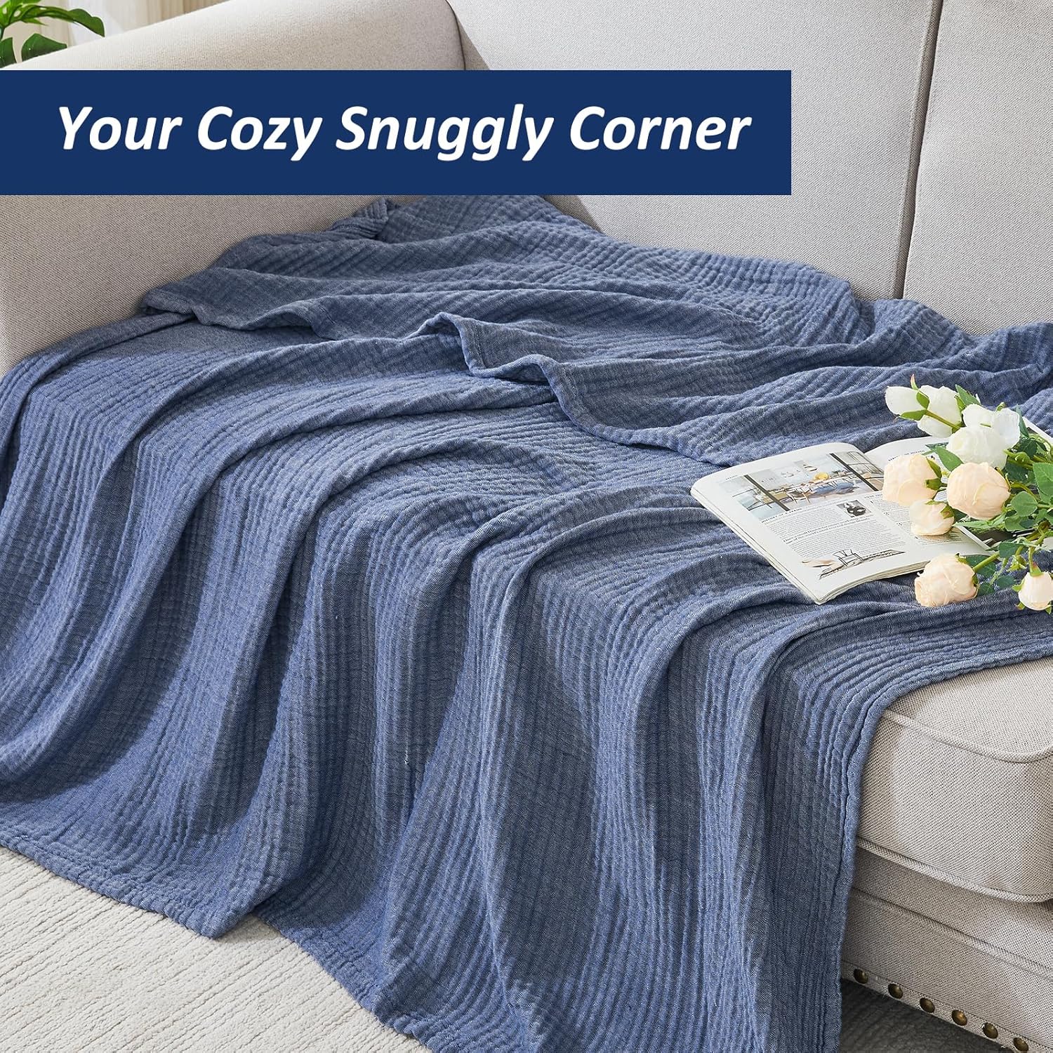 Detalle de EMME Cotton Muslin Large Throw Blanket (Heather Navy) — 50x70, Lightweight & Breathable