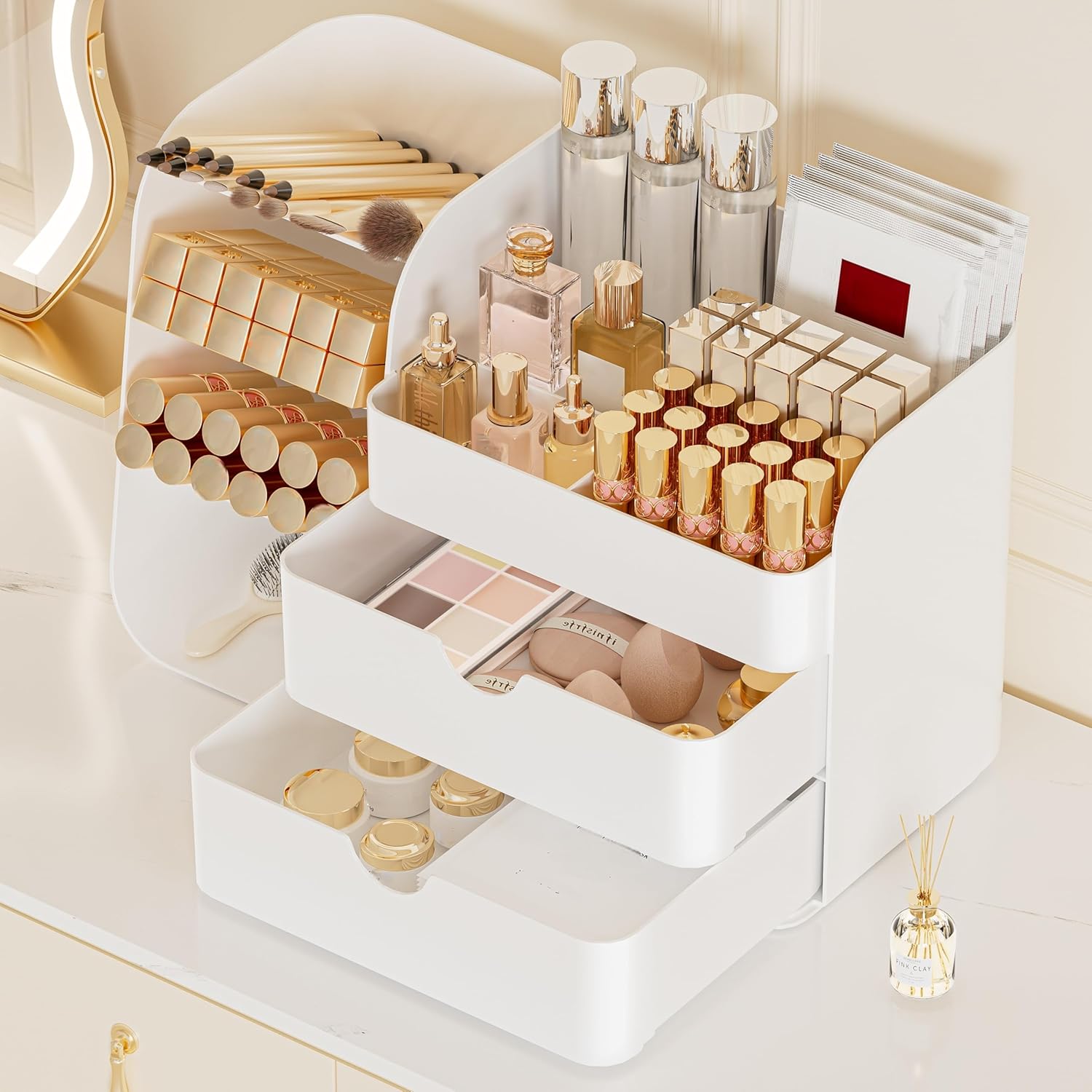 Detalle de FYABREEK Makeup Organizer with 2 M Drawers & Brush Holders (All White, M)