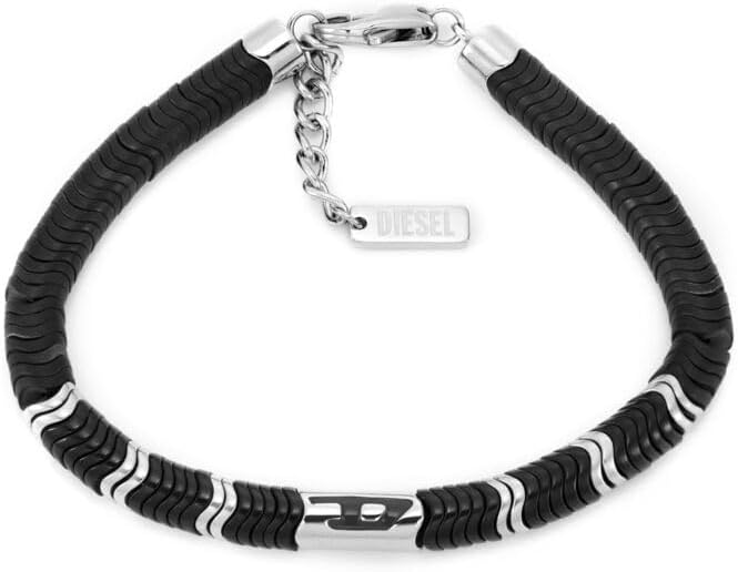 Detalle de Diesel Bracciale da uomo con perline semipreziose e chiusura a moschettone in acciaio inox, colore Argento