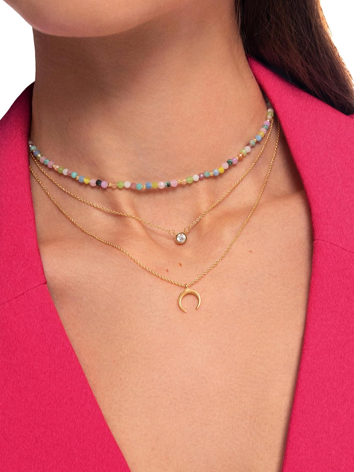 Detalle de SINGULARU Set 2 Collane Diamond + Mini Moonset in Argento 925 placcato oro 18K