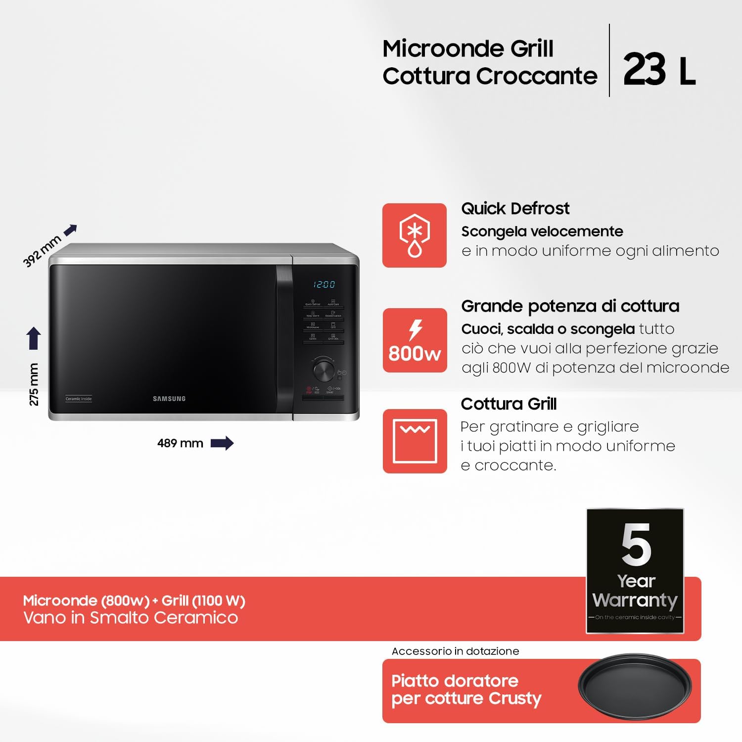 Thumbnail 1 de Samsung MG23K3515CSE1 Forno a Microonde Grill Cottura Croccante da 23 L – Silver