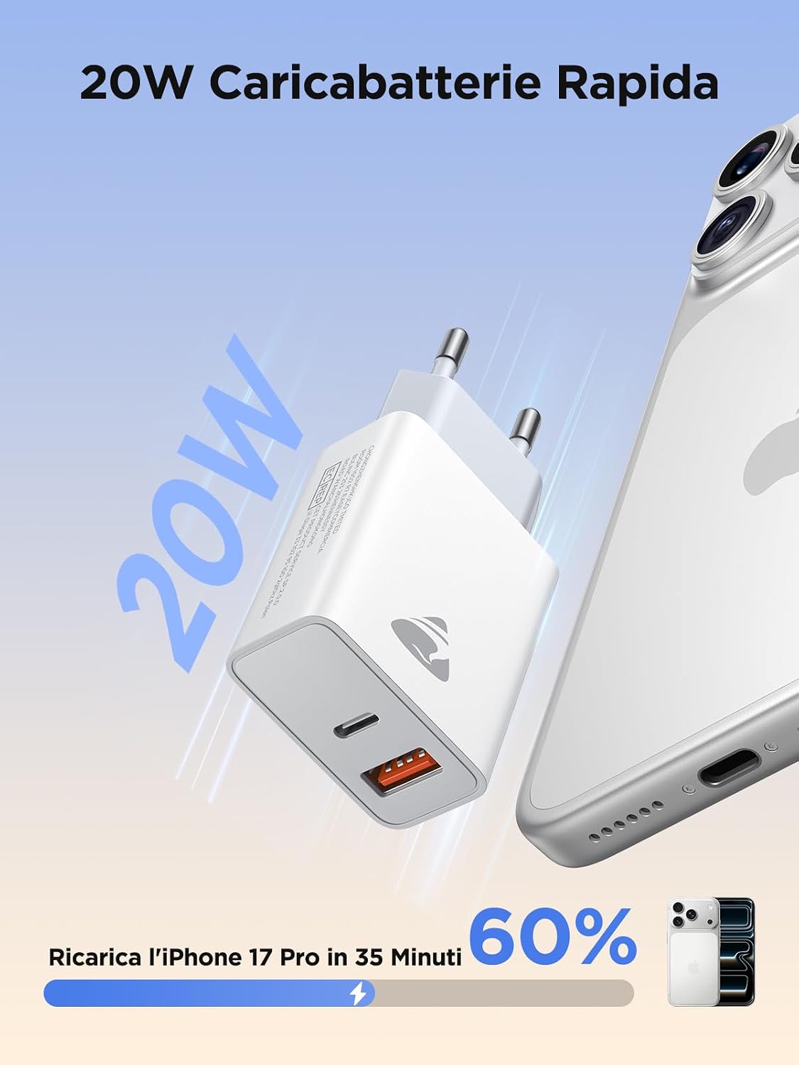 Detalle de Caricatore USB-C 20W a 2 porte 1x USB-C + 1x USB-A – alimentatore compatto per iPhone, Samsung, iPad e molto altro