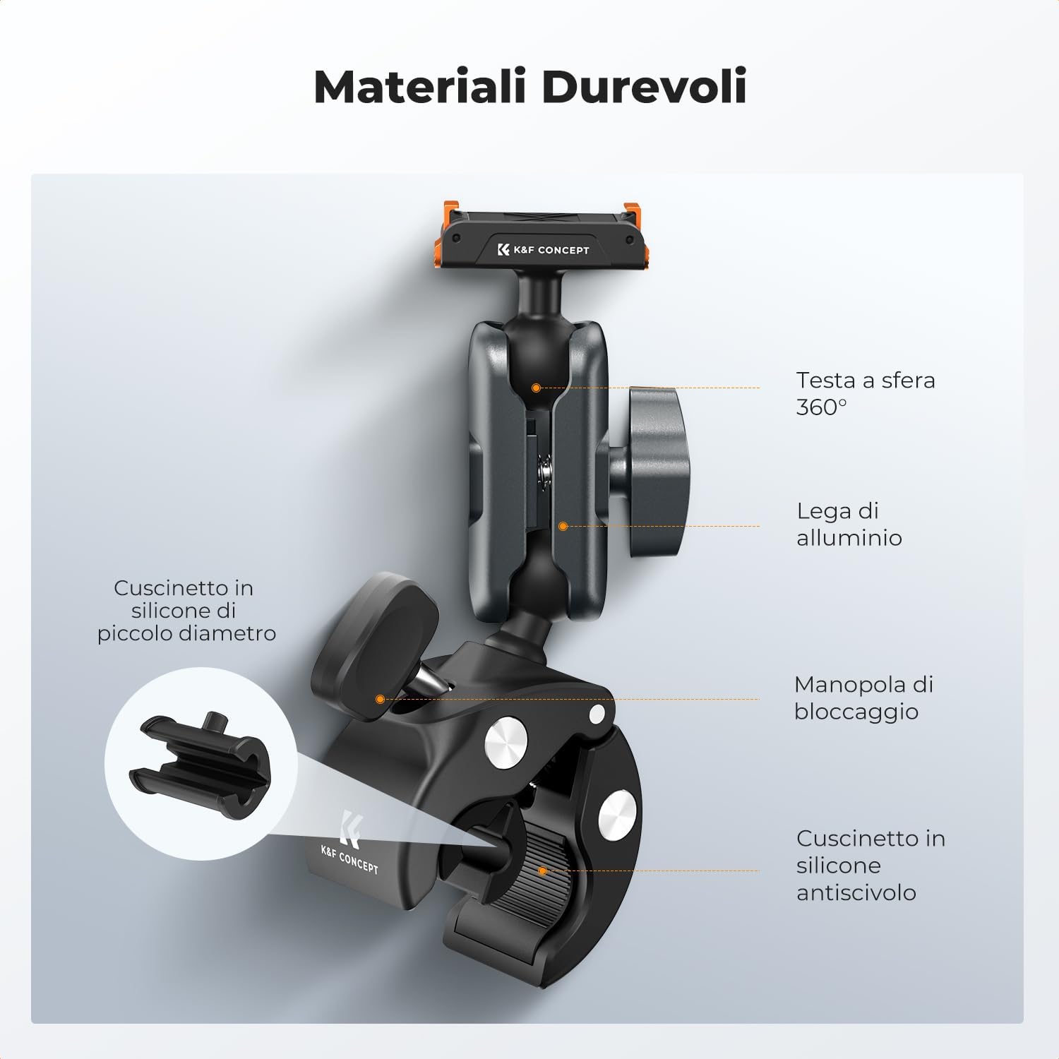 Thumbnail 5 de K&F CONCEPT Pinza per fotocamera/action camera con doppia testa sferica 360° per manubrio bici/moto