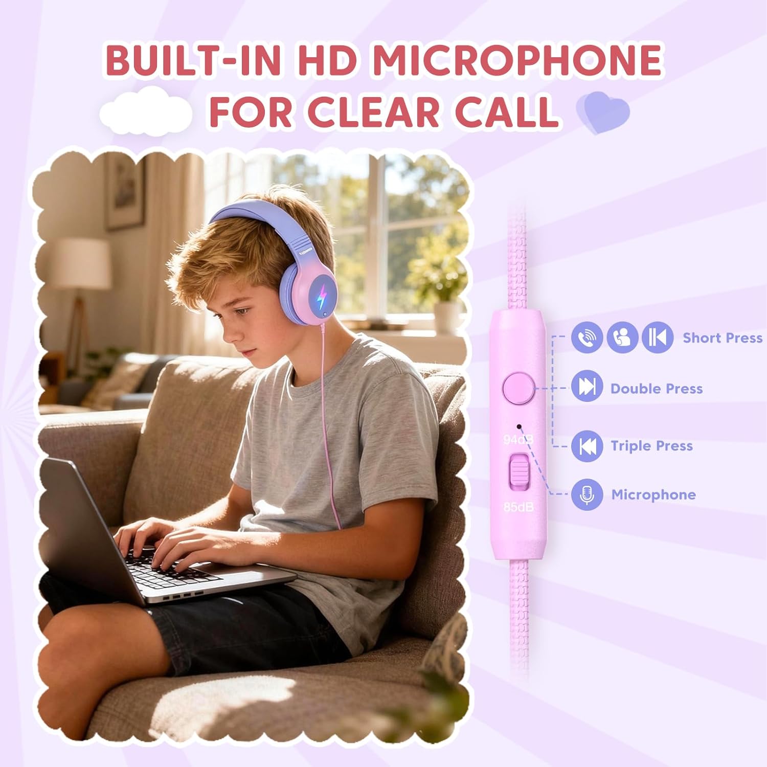 Thumbnail 3 de Cowyawn Kinder-Kopfhörer mit LED-Lichtern – USB-C Over-Ear, Mikrofon, 85/94 dB, Violet