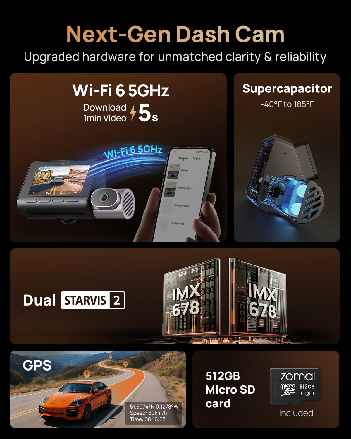 Thumbnail 6 de 70mai Dash Cam 4K T800 3-Channel (4K front, 4K rear, 1080P interior) with HDR and Dual STARVIS 2