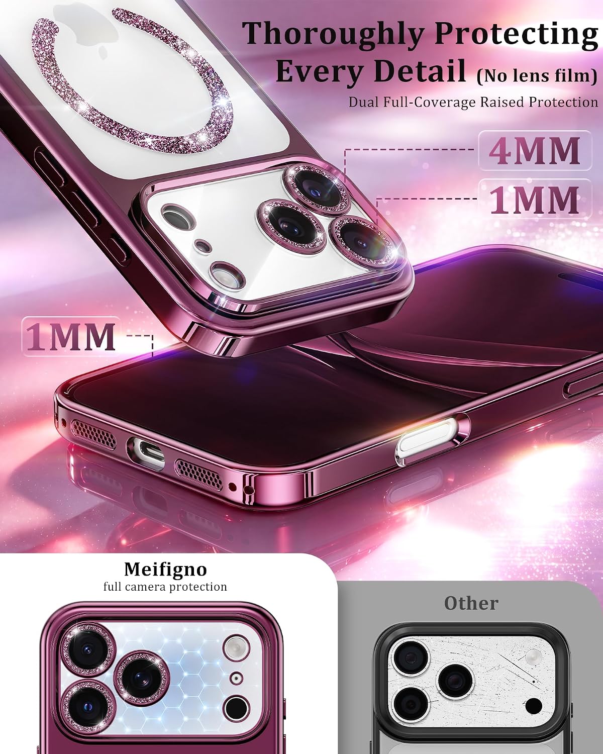 Detalle de Meifigno iPhone 18 Pro Max Case, Burgundy, MagSafe-Compatible with Clear Back