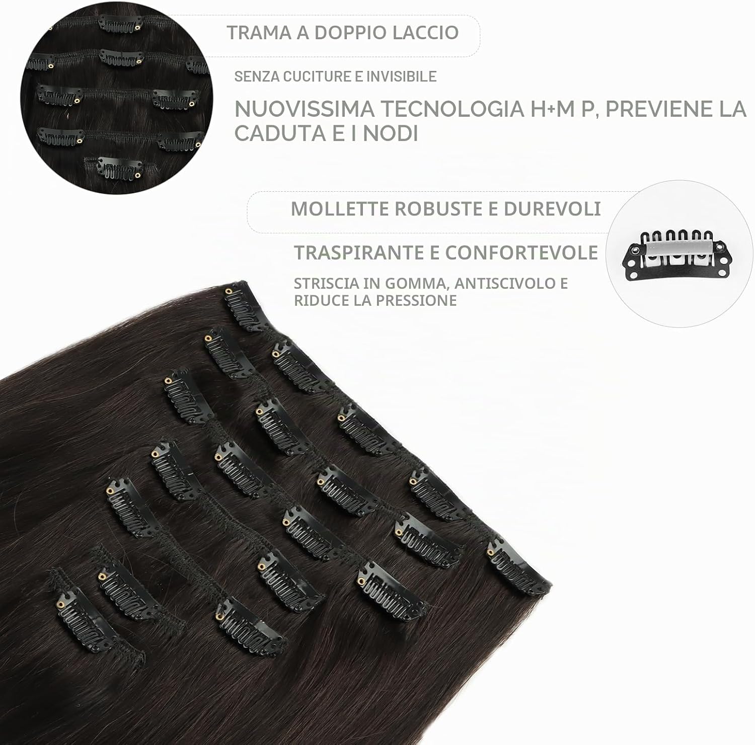 Thumbnail 2 de WENNALIFE Extension Capelli Veri Clip 45 cm – Remy Umani Marrone Scuro, 7 pezzi con clip