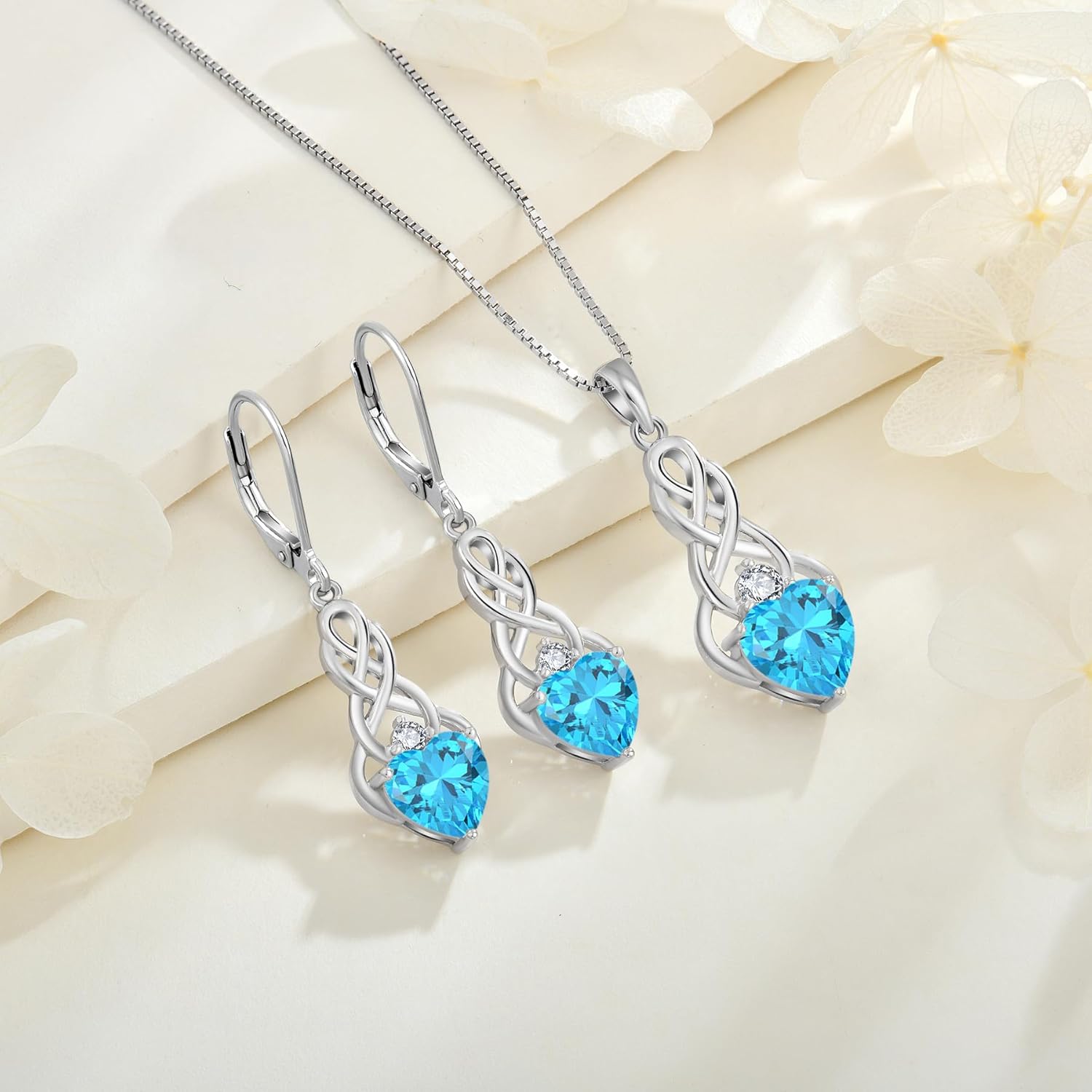 Thumbnail 4 de FJ Infinity Celtic Knot Earrings in 925 Sterling Silver with Birthstone & Cubic Zirconia Drop Detail